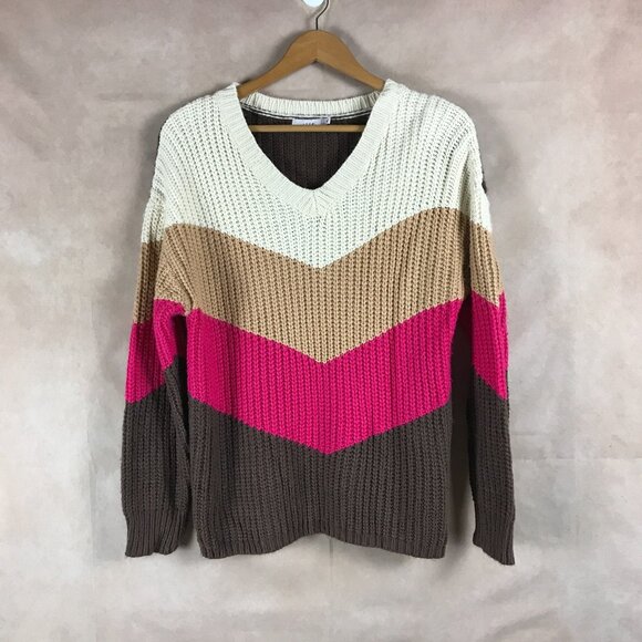 LUSH Ribbed V-neck Colorblock Chevron Sweater SMALL - Picture 7 of 7